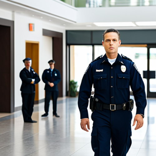 Home 6 A professional security officer, male or female, standing confidently and attentively in a modern, well-lit corporate lobby. The officer is wearing a neat, dark blue uniform, fully clothed, modest clothing, appropriate attire. The background subtly shows diverse individuals passing by, indicating a calm and safe environment. The officer's expression is approachable, conveying integrity and trust. Professional photography, high-resolution, sharp focus, natural lighting, perfect anatomy, correct proportions, well-formed hands, proper finger count, natural body proportions, safe for work, appropriate content, family-friendly, professional dress.