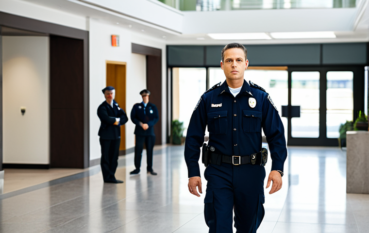 A professional security officer, male or female, standing confidently and attentively in a modern, well-lit corporate lobby. The officer is wearing a neat, dark blue uniform, fully clothed, modest clothing, appropriate attire. The background subtly shows diverse individuals passing by, indicating a calm and safe environment. The officer's expression is approachable, conveying integrity and trust. Professional photography, high-resolution, sharp focus, natural lighting, perfect anatomy, correct proportions, well-formed hands, proper finger count, natural body proportions, safe for work, appropriate content, family-friendly, professional dress.