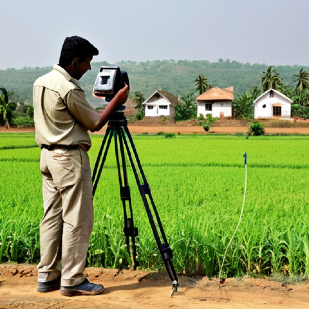 **

"A professional Indian surveyor, fully clothed in appropriate attire (khaki shirt and trousers), using a modern surveying instrument (total station) in a rural field in India. Background shows a village landscape with modest homes. Perfect anatomy, correct proportions, natural pose, well-formed hands, proper finger count, professional quality, safe for work, appropriate content, fully clothed, professional, modest, family-friendly."

**