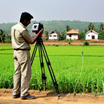**

"A professional Indian surveyor, fully clothed in appropriate attire (khaki shirt and trousers), using a modern surveying instrument (total station) in a rural field in India. Background shows a village landscape with modest homes. Perfect anatomy, correct proportions, natural pose, well-formed hands, proper finger count, professional quality, safe for work, appropriate content, fully clothed, professional, modest, family-friendly."

**