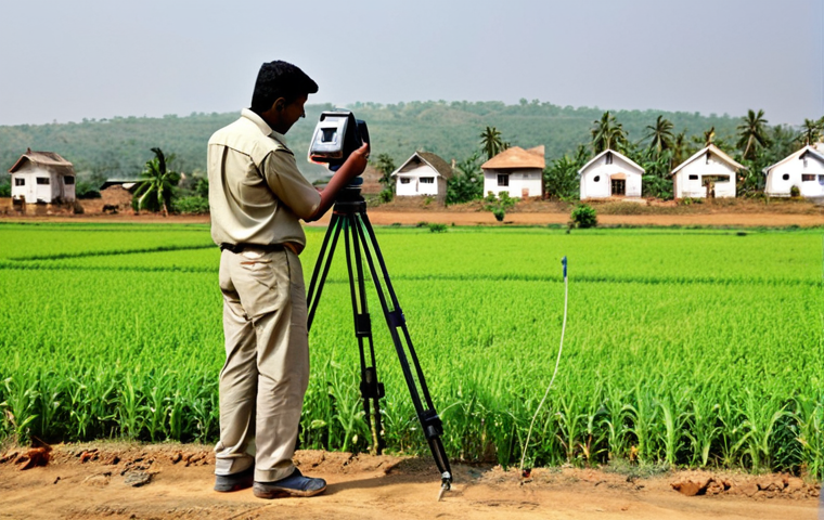 **

"A professional Indian surveyor, fully clothed in appropriate attire (khaki shirt and trousers), using a modern surveying instrument (total station) in a rural field in India. Background shows a village landscape with modest homes. Perfect anatomy, correct proportions, natural pose, well-formed hands, proper finger count, professional quality, safe for work, appropriate content, fully clothed, professional, modest, family-friendly."

**