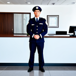 **

"A security officer in a professional uniform, fully clothed, standing guard in a modern office lobby. Background includes a reception desk and several business people walking by. Safe for work, appropriate content, perfect anatomy, natural proportions, professional, modest."

**