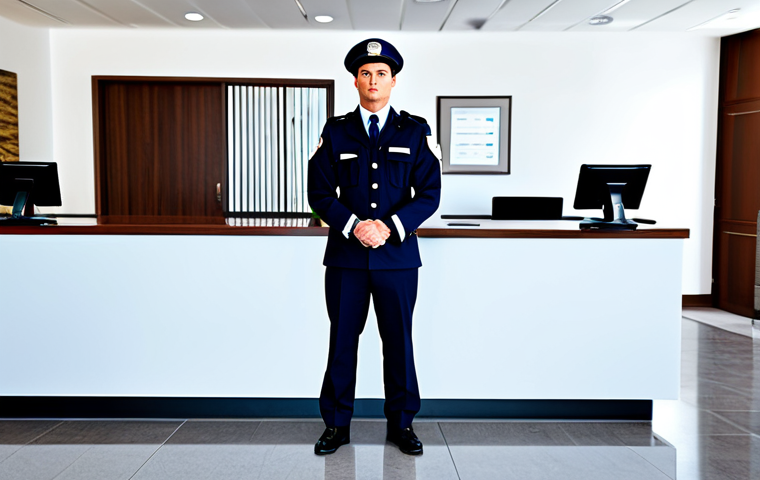 **
"A security officer in a professional uniform, fully clothed, standing guard in a modern office lobby. Background includes a reception desk and several business people walking by. Safe for work, appropriate content, perfect anatomy, natural proportions, professional, modest."
**