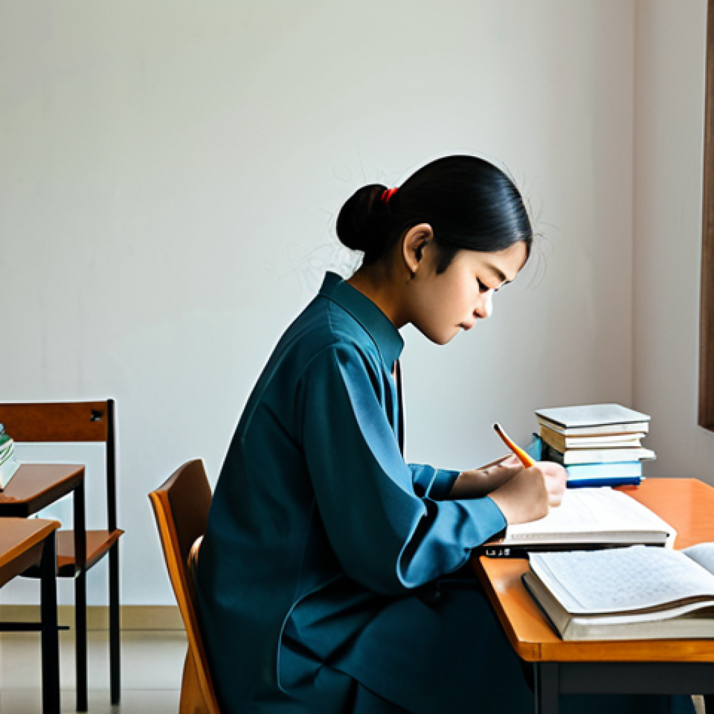 Study Session**

A dedicated student sitting at a desk covered with Hindi textbooks and notes, studying diligently for the 경비지도사 exam. They are wearing comfortable, modest clothing suitable for studying. The scene is a well-lit, quiet study room. Add elements suggesting focused study, such as highlighted text and open books. perfect anatomy, correct proportions, natural pose, professional, family-friendly, safe for work, appropriate content, fully clothed.

**