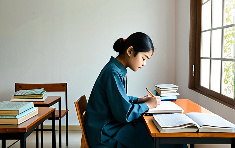 Study Session**
A dedicated student sitting at a desk covered with Hindi textbooks and notes, studying diligently for the 경비지도사 exam. They are wearing comfortable, modest clothing suitable for studying. The scene is a well-lit, quiet study room. Add elements suggesting focused study, such as highlighted text and open books. perfect anatomy, correct proportions, natural pose, professional, family-friendly, safe for work, appropriate content, fully clothed.
**