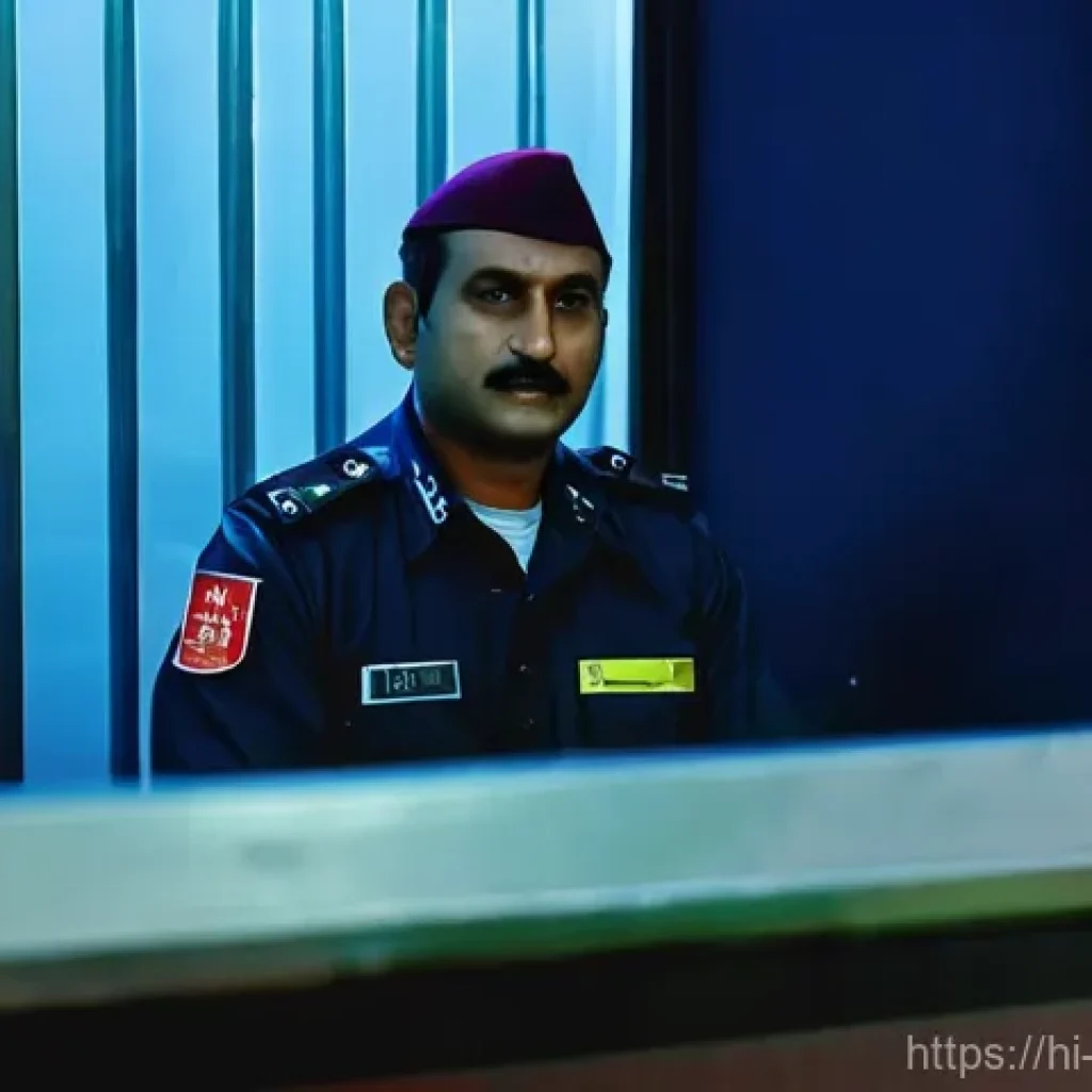 경비지도사 실무 중 가장 어려운 점 - **Prompt:** A solemn, focused, male security guard of Indian ethnicity, in his late 40s, sits alone ...
