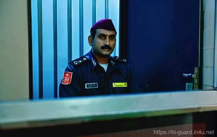 경비지도사 실무 중 가장 어려운 점 - **Prompt:** A solemn, focused, male security guard of Indian ethnicity, in his late 40s, sits alone ...