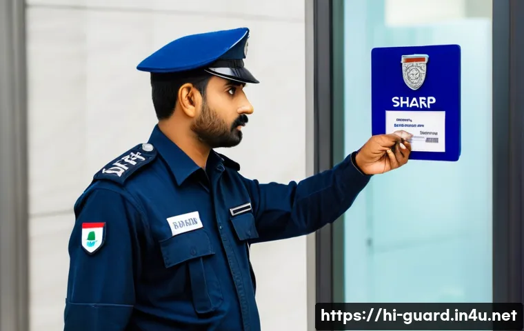 경비지도사 법률 문제 실제 사례 - A vigilant Indian security guard in uniform standing at the entrance of a corporate building, attent...