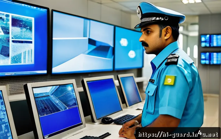 경비지도사 이직 성공 전략 - A professional security guard wearing a neat uniform and protective gear, attentively monitoring mul...
