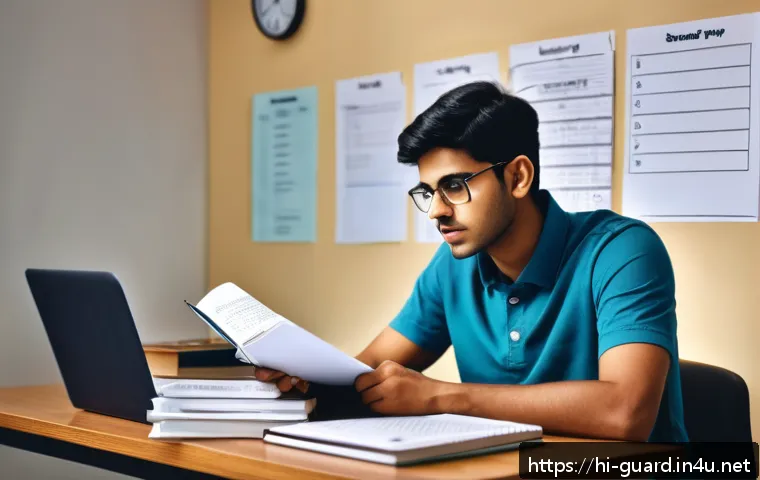 경비지도사 시험에서 주의할 점 - A focused Indian student studying at a desk, surrounded by neatly organized textbooks and notes rela...