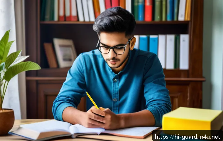경비지도사 필기 공부 비법 - A focused Indian student studying in a quiet, well-organized study corner at home, surrounded by nea...