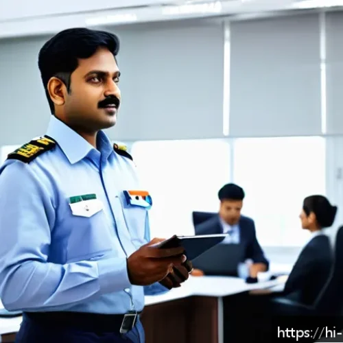 Home 17 경비지도사 연봉 협상 노하우 - A confident Indian male security guard supervisor in his mid-30s, wearing a neat uniform with a visi...