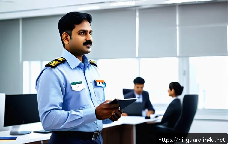 경비지도사 연봉 협상 노하우 - A confident Indian male security guard supervisor in his mid-30s, wearing a neat uniform with a visi...
