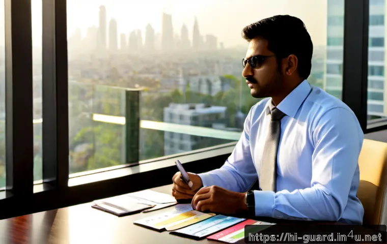 경비지도사 자격증 취득 후 커리어 플랜 - Photorealistic career-planning scene in a modern Indian office, a confident Indian security professi...