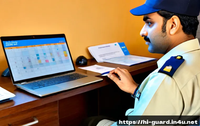 경비지도사 자격증 갱신 방법 - Photorealistic Indian security supervisor in a neat uniform seated at a tidy home office desk, revie...